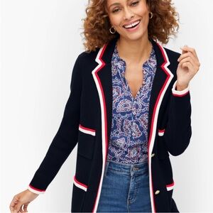 Talbots Navy Cardigan with Red and White Accents